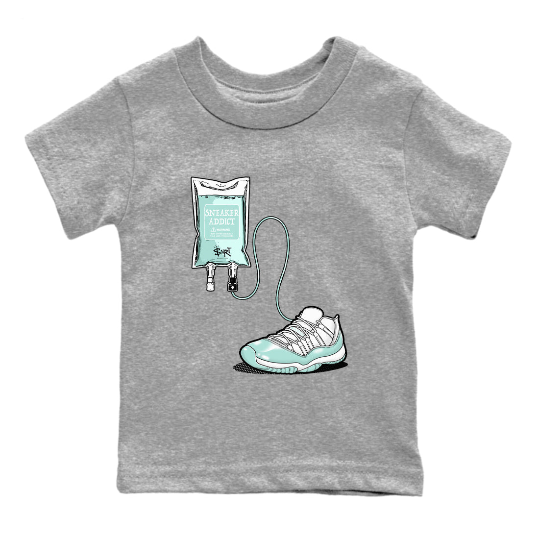 Sneaker Therapy baby and kids t-shirt crafted for little sneakerheads to shine with the Air Jordan 11 Igloo sneakers, displayed in Heather Grey 2.
