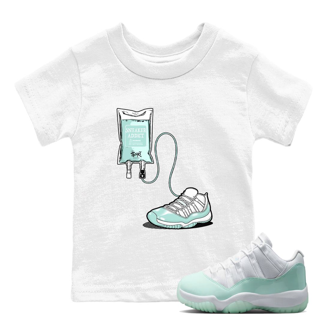 Sneaker Therapy baby and kids t-shirt crafted for little sneakerheads to shine with the Air Jordan 11 Igloo sneakers, displayed in White 1.