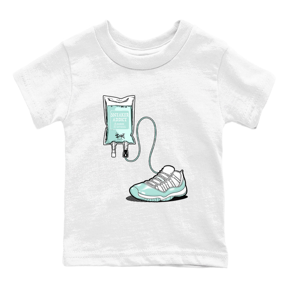 Sneaker Therapy baby and kids t-shirt crafted for little sneakerheads to shine with the Air Jordan 11 Igloo sneakers, displayed in White 2.