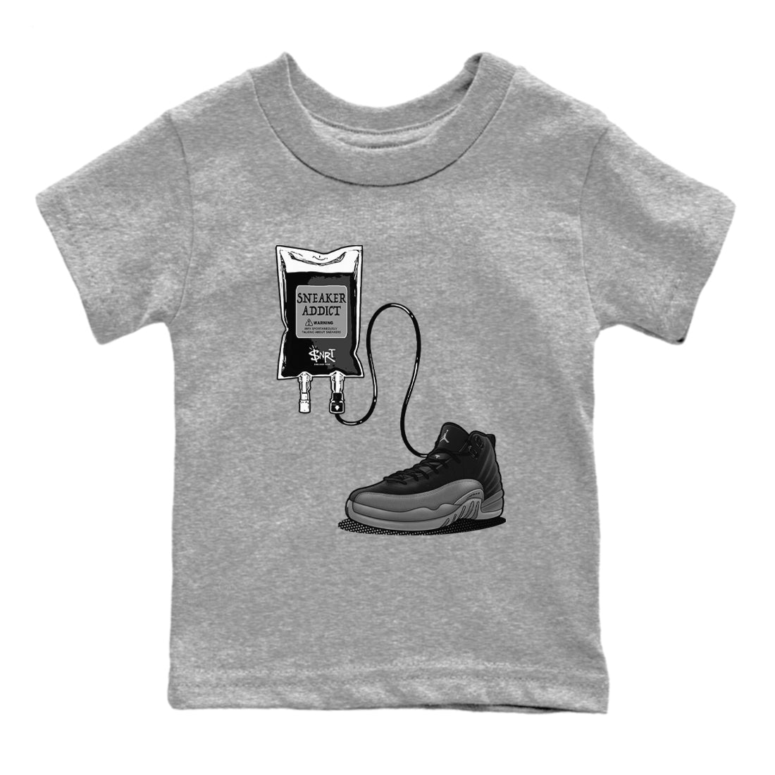 12s Black Wolf Grey shirts to match jordans Sneaker Therapy sneaker match tees Air Jordan 12 Barons SNRT Sneaker Release Tees Youth Baby Heather Grey 2 crew neck shirts