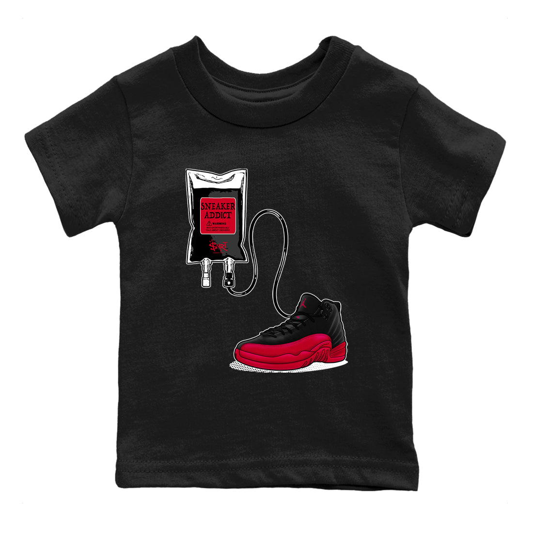 12s Flu Game shirts to match jordans Sneaker Therapy best t shirts to wear with jordans Air Jordan 12 Retro Flu Black and Varsity Red match shoes to clothes SNRT Sneaker Tees Youth Baby Black 2 tee