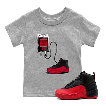 12s Flu Game shirts to match jordans Sneaker Therapy best t shirts to wear with jordans Air Jordan 12 Retro Flu Black and Varsity Red match shoes to clothes SNRT Sneaker Tees Youth Baby Heather Grey 1 tee