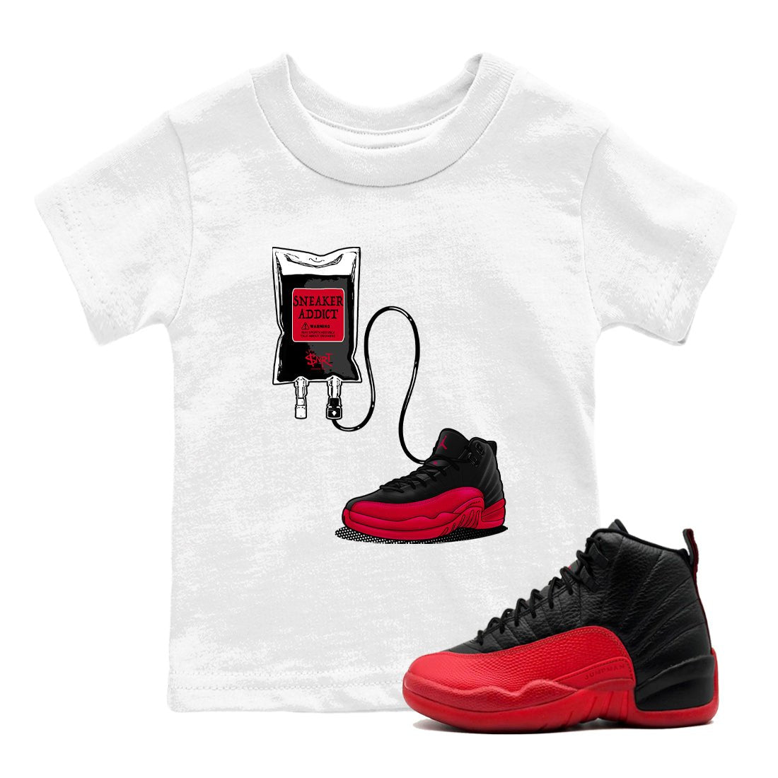 12s Flu Game shirts to match jordans Sneaker Therapy best t shirts to wear with jordans Air Jordan 12 Retro Flu Black and Varsity Red match shoes to clothes SNRT Sneaker Tees Youth Baby White 1 tee