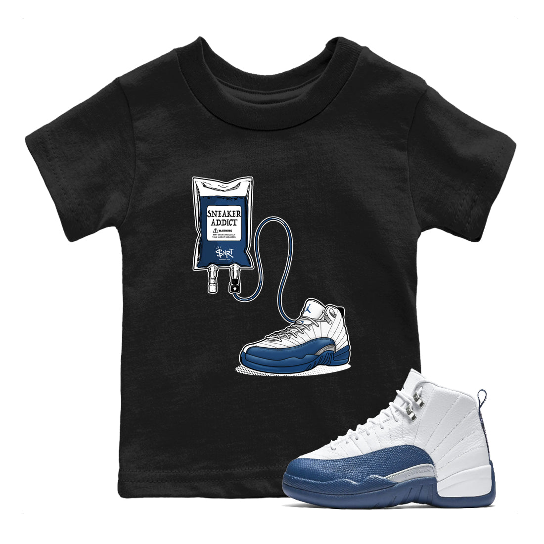 Sneaker Therapy baby and kids t-shirt crafted for little sneakerheads to shine with the Air Jordan 12 French Blue sneakers, displayed in Black 1.