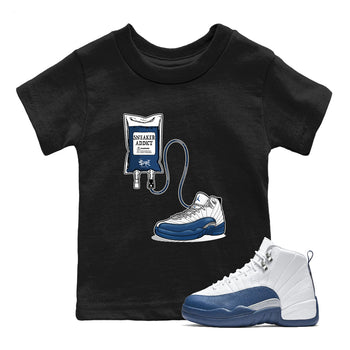 Sneaker Therapy baby and kids t-shirt crafted for little sneakerheads to shine with the Air Jordan 12 French Blue sneakers, displayed in Black 1.