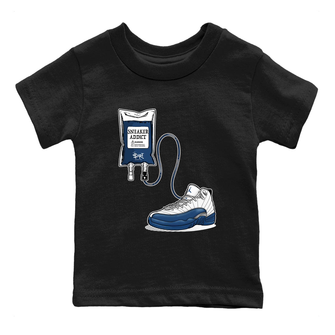 Sneaker Therapy baby and kids t-shirt crafted for little sneakerheads to shine with the Air Jordan 12 French Blue sneakers, displayed in Black 2.