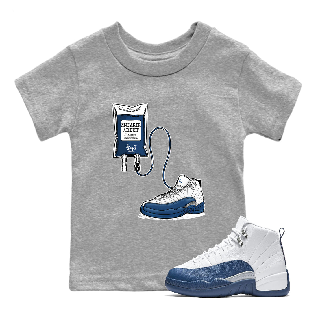 Sneaker Therapy baby and kids t-shirt crafted for little sneakerheads to shine with the Air Jordan 12 French Blue sneakers, displayed in Heather Grey 1.