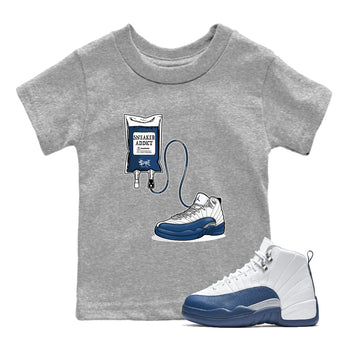 Sneaker Therapy baby and kids t-shirt crafted for little sneakerheads to shine with the Air Jordan 12 French Blue sneakers, displayed in Heather Grey 1.