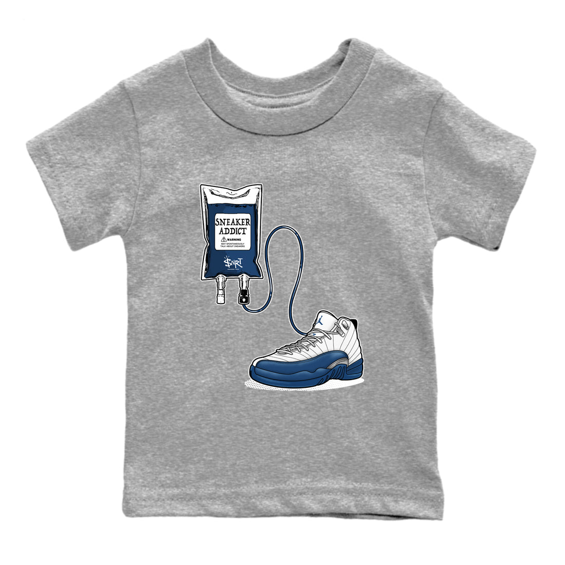 Sneaker Therapy baby and kids t-shirt crafted for little sneakerheads to shine with the Air Jordan 12 French Blue sneakers, displayed in Heather Grey 2.