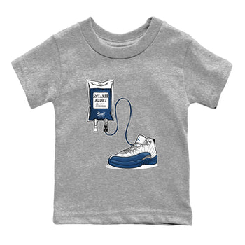 Sneaker Therapy baby and kids t-shirt crafted for little sneakerheads to shine with the Air Jordan 12 French Blue sneakers, displayed in Heather Grey 2.