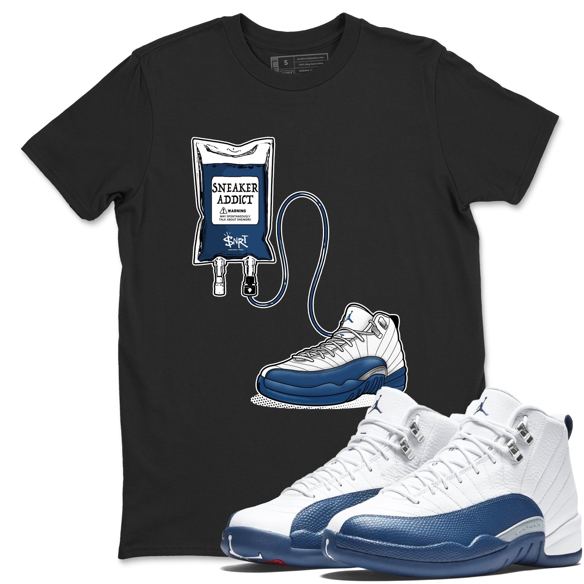 Sneaker Therapy sneaker match t-shirt t-shirts to match jordans, dunks, yeezys Air Jordan 12 French Blue sneakers, shown in Black 1.