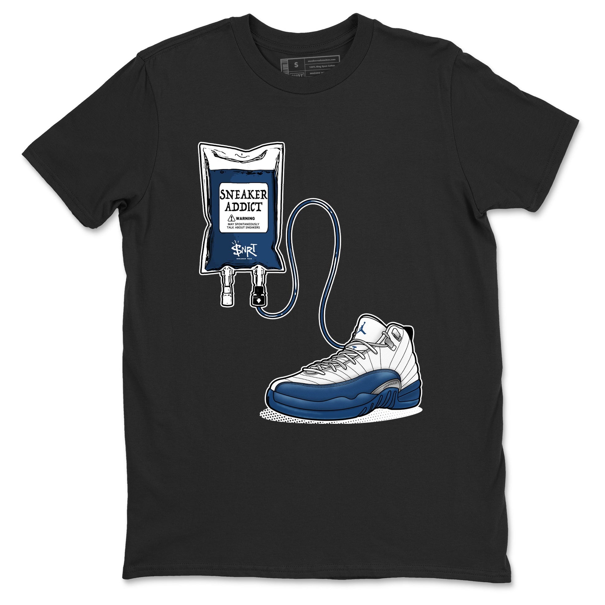 Sneaker Therapy sneaker match t-shirt t-shirts to match jordans, dunks, yeezys Air Jordan 12 French Blue sneakers, shown in Black 2.