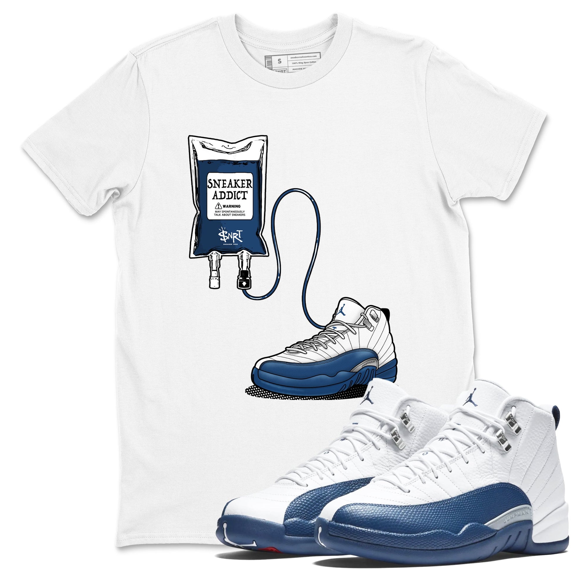 Sneaker Therapy sneaker match t-shirt t-shirts to match jordans, dunks, yeezys Air Jordan 12 French Blue sneakers, shown in White 1.