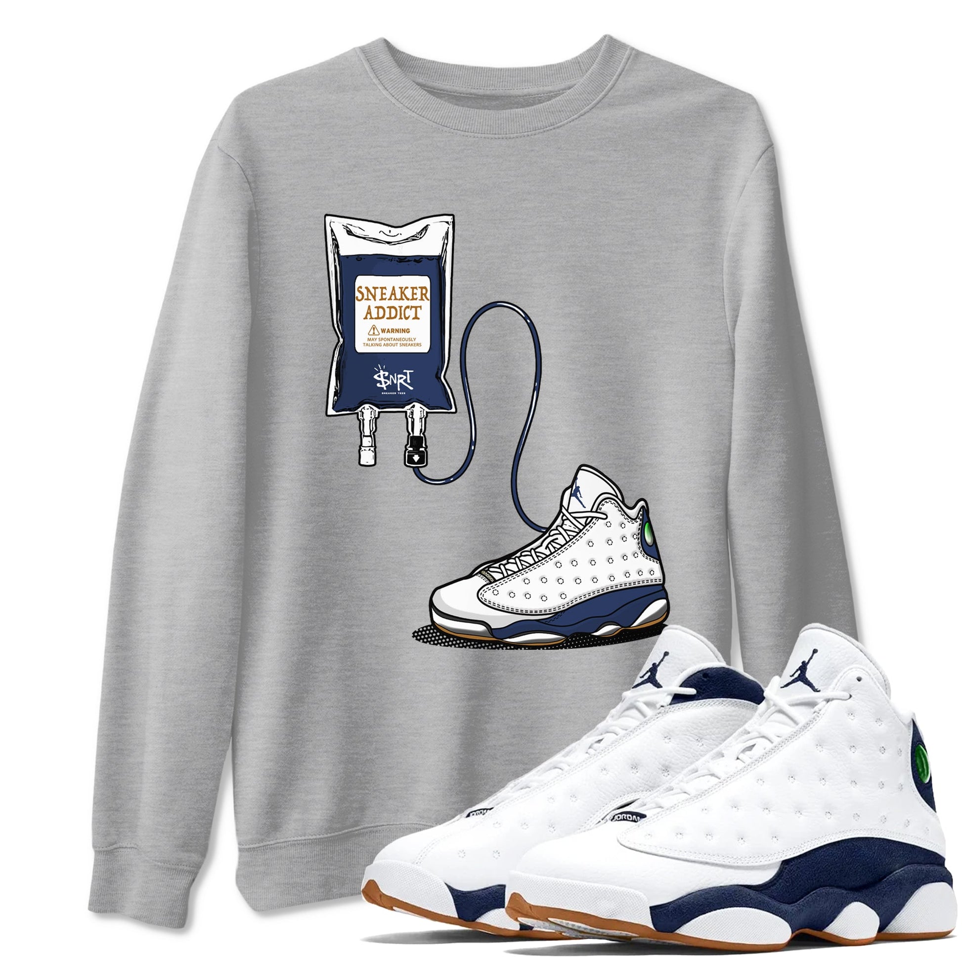 13s White And Midnight Navy shirts to match jordans Sneaker Therapy sneaker match tees Air Jordan 13 White And Midnight Navy SNRT Sneaker Release Tees unisex cotton Heather Grey 1 crew neck shirts