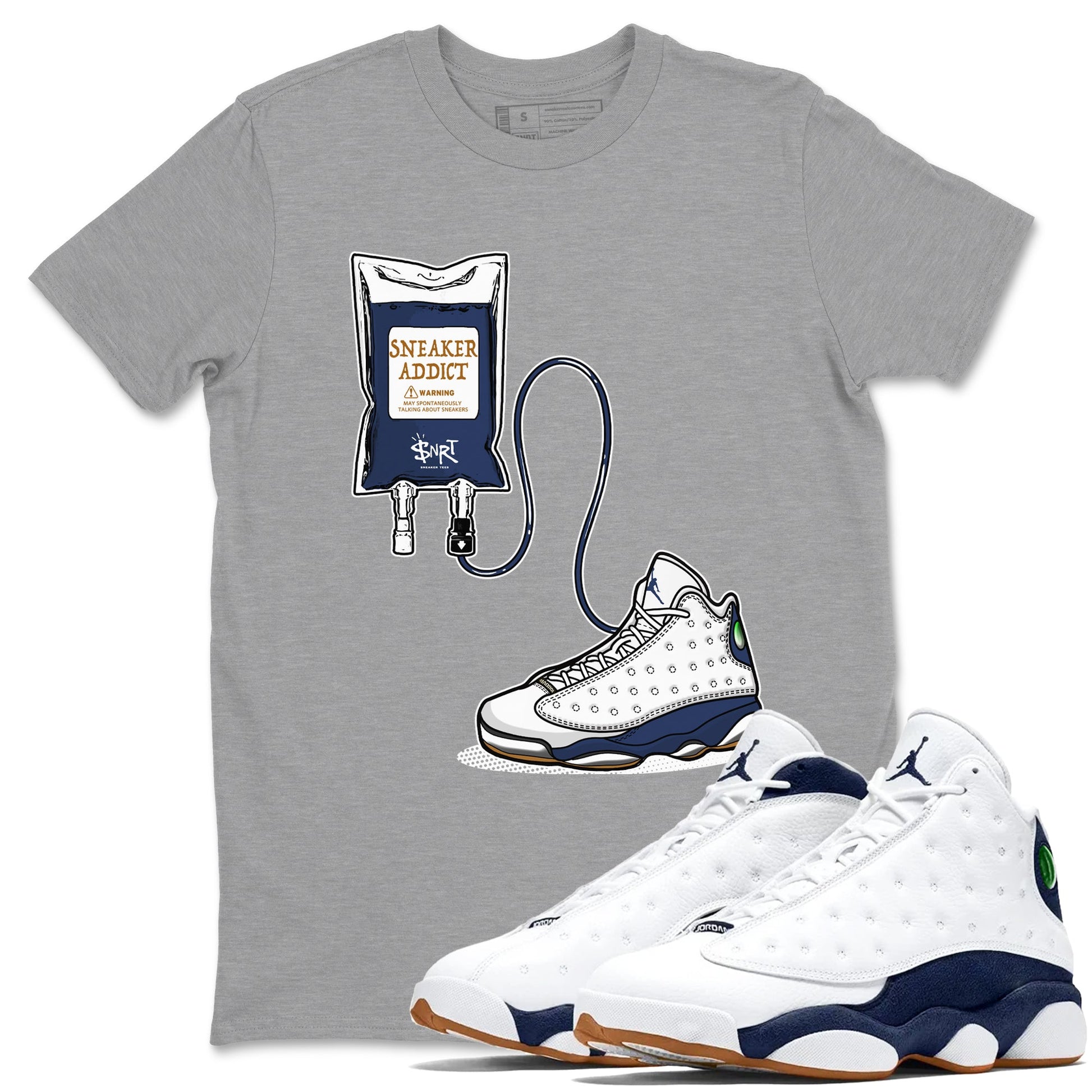 13s White And Midnight Navy shirts to match jordans Sneaker Therapy sneaker match tees Air Jordan 13 White And Midnight Navy SNRT Sneaker Release Tees unisex cotton Heather Grey 1 crew neck shirts