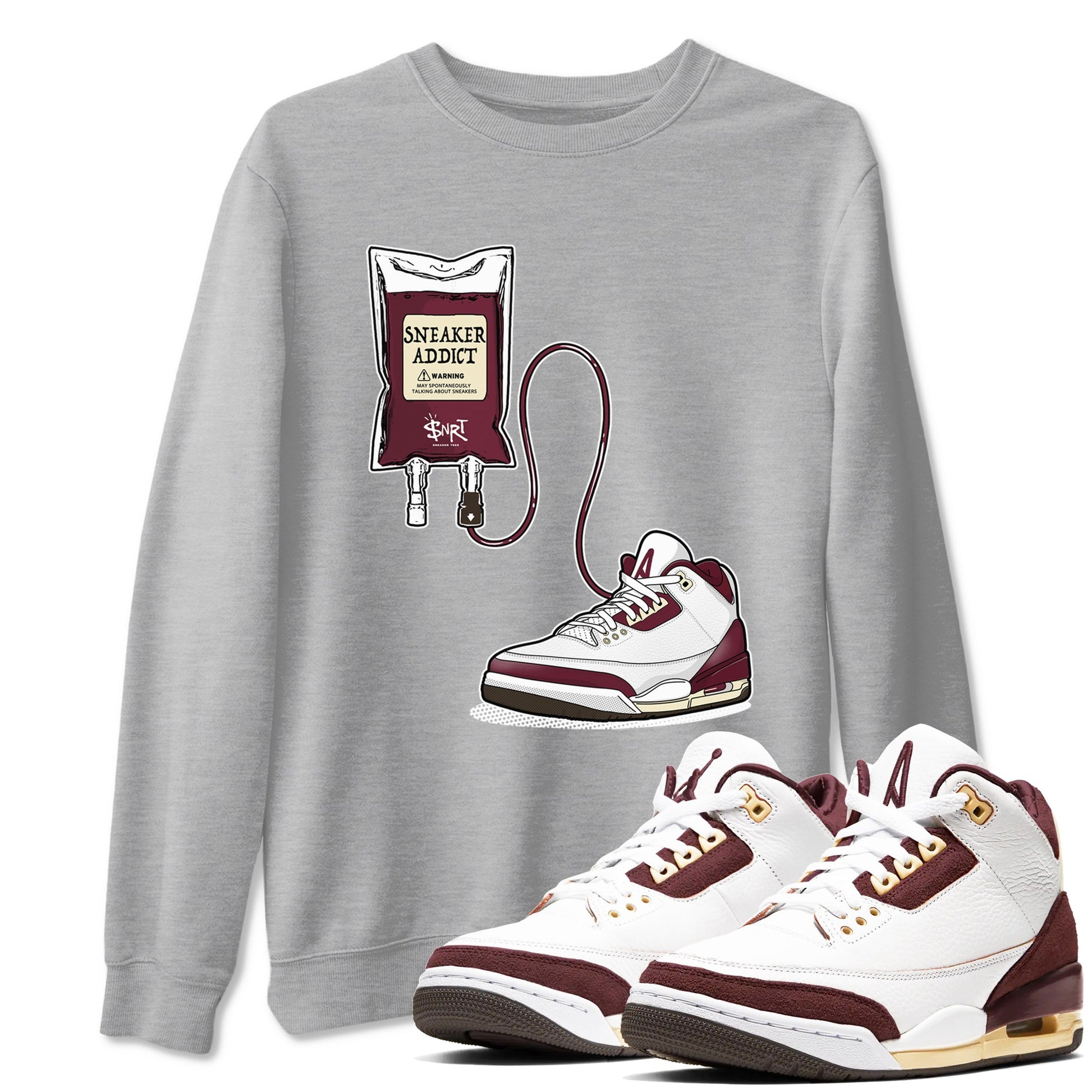 3s A Ma Maniere x Burgundy Crush shirts to match jordans Sneaker Therapy sneaker match tees Air Jordan 3 A Ma Maniere x Burgundy Crush SNRT Sneaker Release Tees unisex cotton Heather Grey 1 crew neck shirts