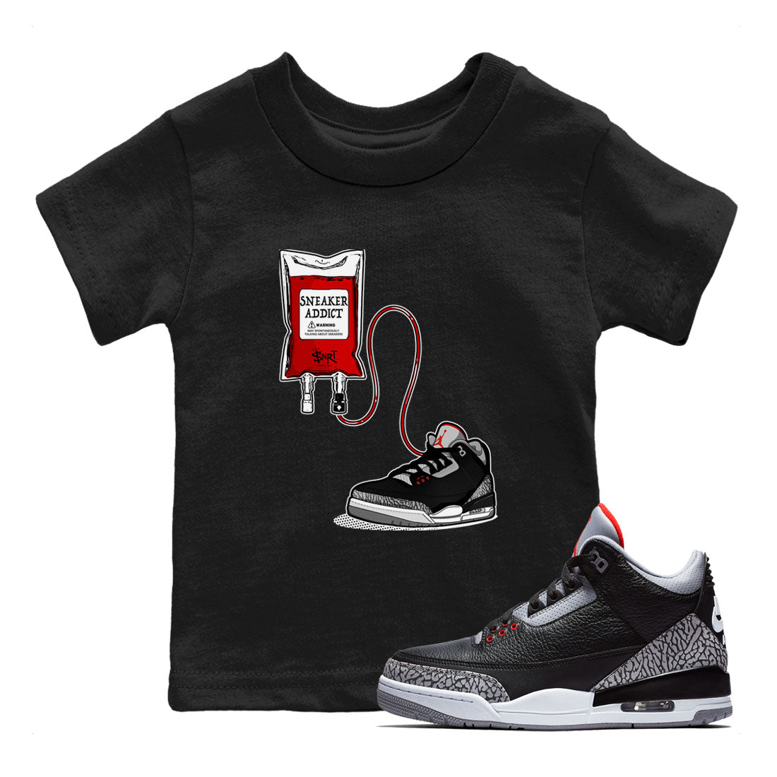 3s Black Cement shirts to match jordans Sneaker Therapy sneaker match tees Air Jordan 3 Black Cement SNRT Sneaker Release Tees Youth Baby Black 1 crew neck shirts