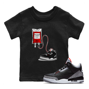 3s Black Cement shirts to match jordans Sneaker Therapy sneaker match tees Air Jordan 3 Black Cement SNRT Sneaker Release Tees Youth Baby Black 1 crew neck shirts