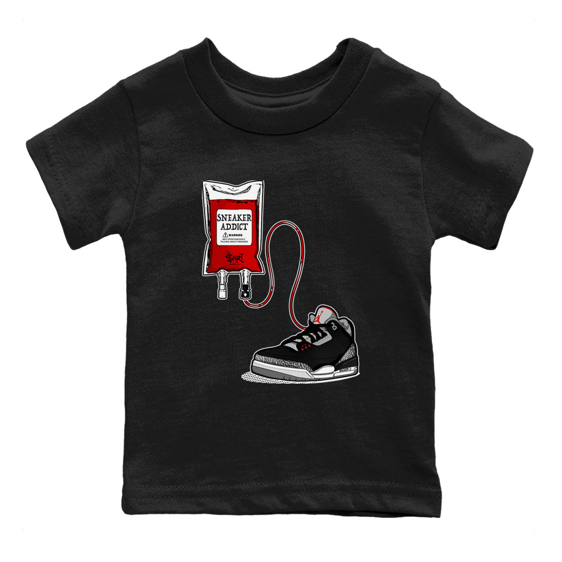 3s Black Cement shirts to match jordans Sneaker Therapy sneaker match tees Air Jordan 3 Black Cement SNRT Sneaker Release Tees Youth Baby Black 2 crew neck shirts