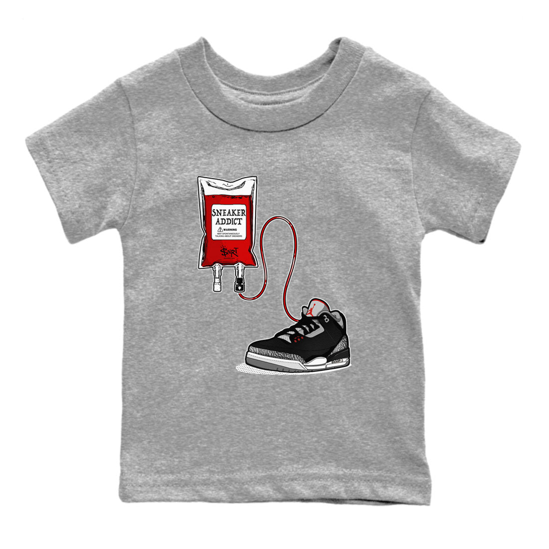 3s Black Cement shirts to match jordans Sneaker Therapy sneaker match tees Air Jordan 3 Black Cement SNRT Sneaker Release Tees Youth Baby Heather Grey 2 crew neck shirts