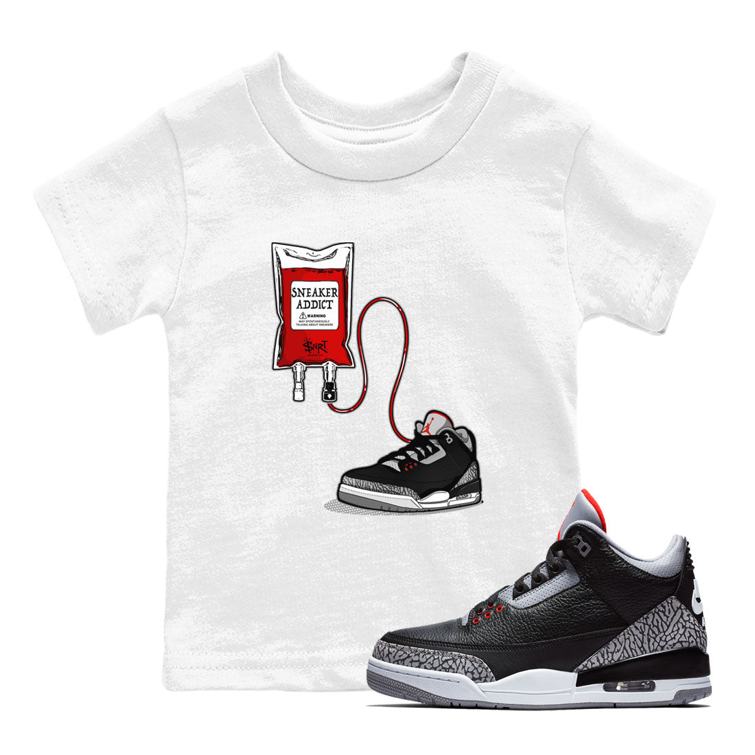 3s Black Cement shirts to match jordans Sneaker Therapy sneaker match tees Air Jordan 3 Black Cement SNRT Sneaker Release Tees Youth Baby White 1 crew neck shirts