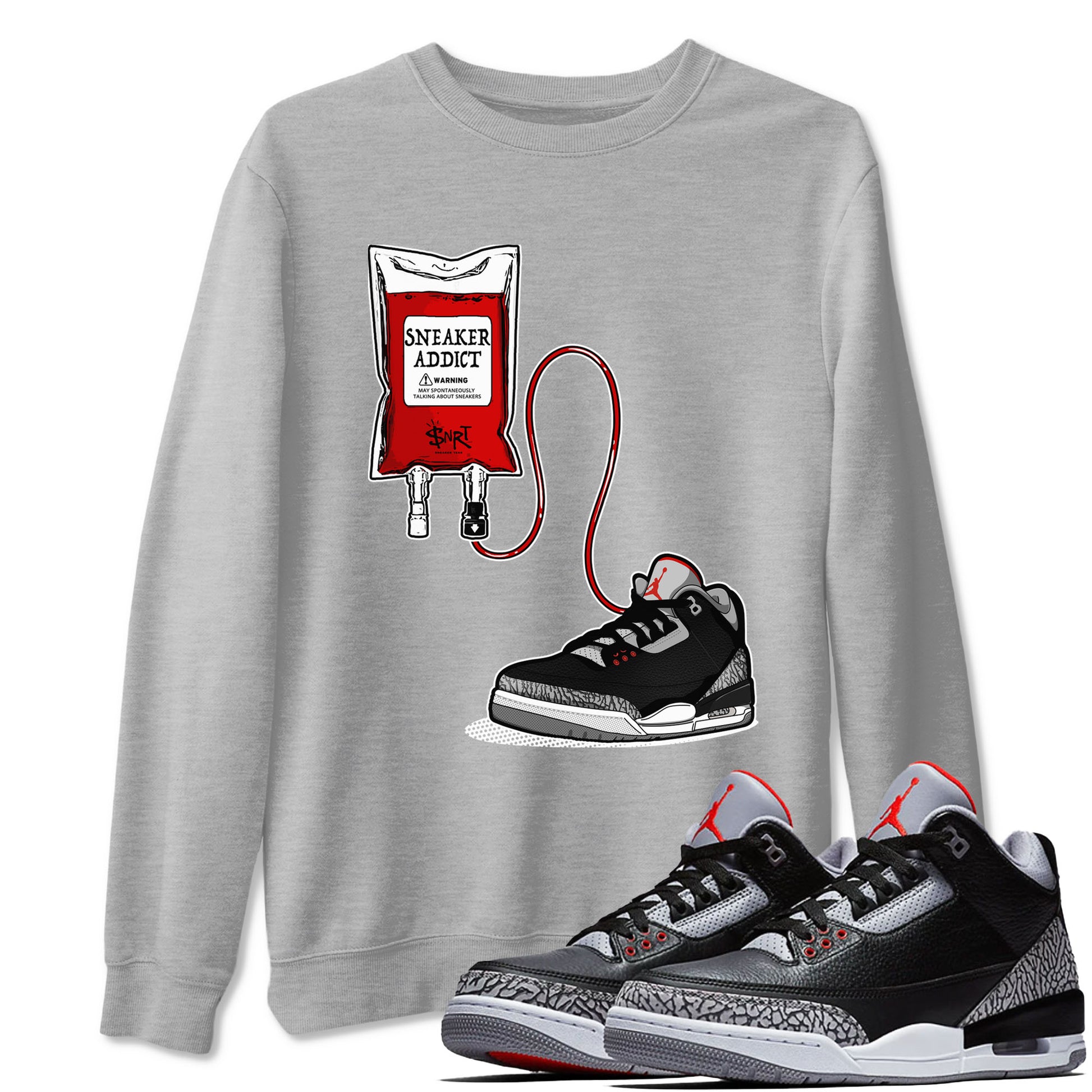 3s Black Cement shirts to match jordans Sneaker Therapy sneaker match tees Air Jordan 3 Black Cement SNRT Sneaker Release Tees unisex cotton Heather Grey 1 crew neck shirts