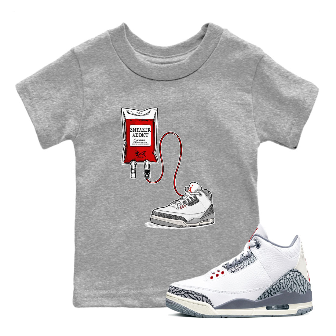 3s Cement Grey shirts to match jordans Sneaker Therapy sneaker match tees Air Jordan 3 Cement Grey SNRT Sneaker Release Tees Youth Baby Heather Grey 1 crew neck shirts