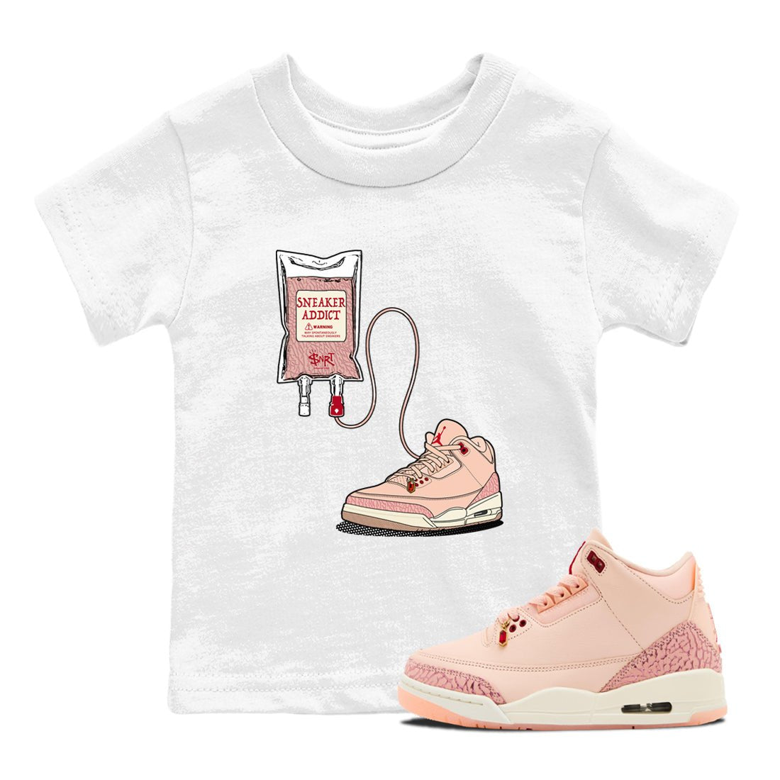 3s Valentines Day tee to match jordans Sneaker Therapy sneaker match tees Air Jordan 3 "Treat Yourself" Washed Coral special Valentine's Day Gift SNRT Sneaker Tees Youth Baby White 1 tee