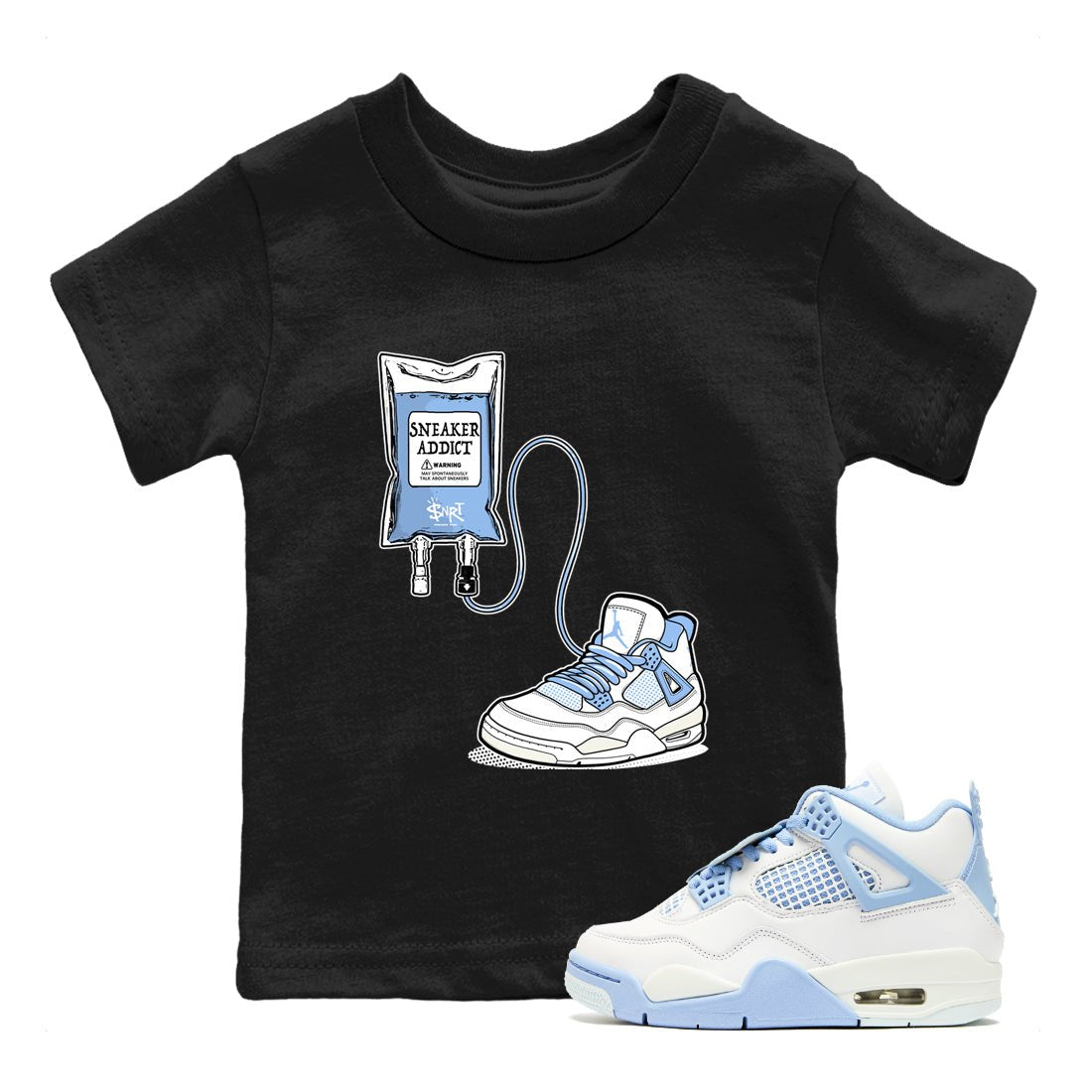 Sneaker Therapy baby and kids t-shirt crafted for little sneakerheads to shine with the Air Jordan 4 Aluminum sneakers, displayed in Black 1.