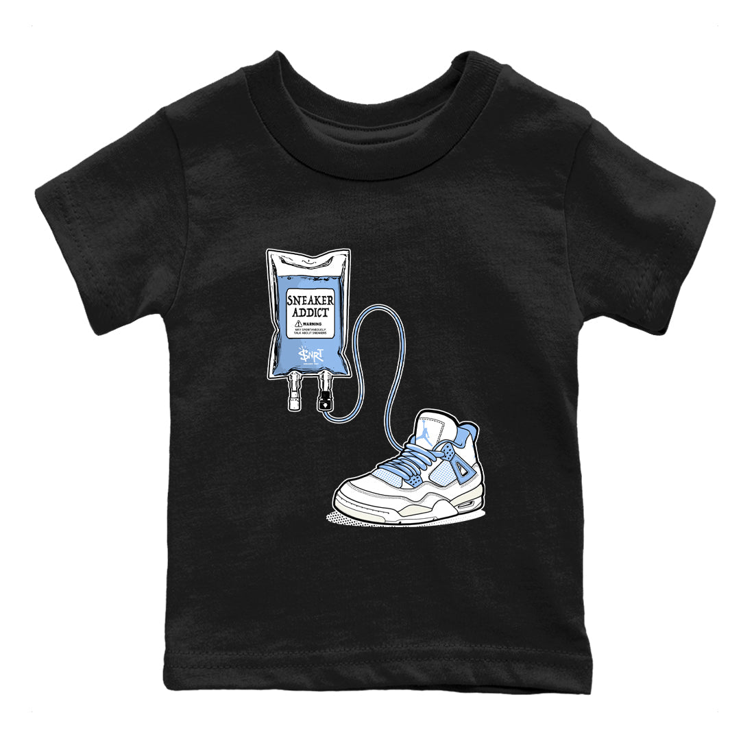Sneaker Therapy baby and kids t-shirt crafted for little sneakerheads to shine with the Air Jordan 4 Aluminum sneakers, displayed in Black 2.