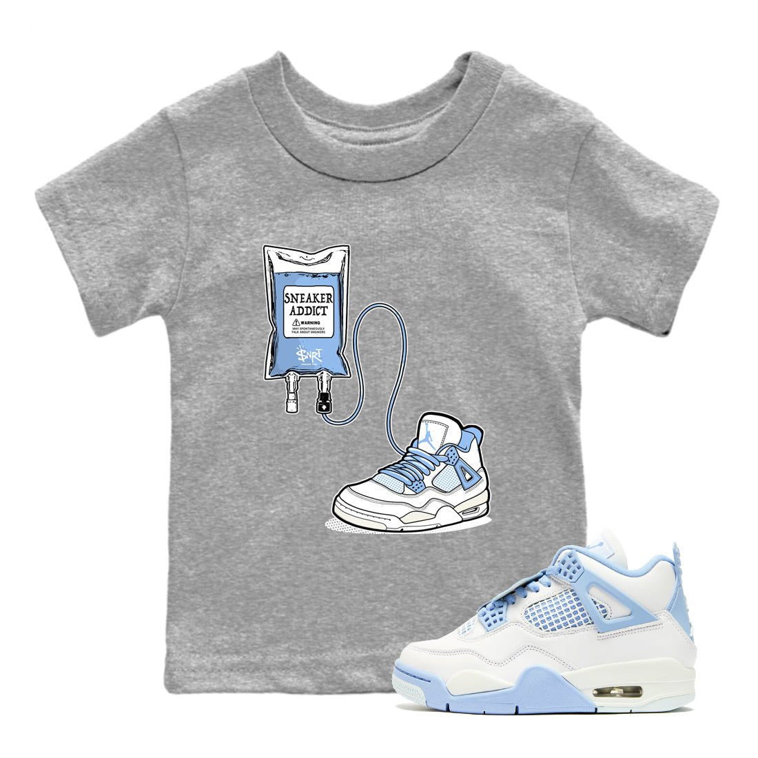 Sneaker Therapy baby and kids t-shirt crafted for little sneakerheads to shine with the Air Jordan 4 Aluminum sneakers, displayed in Heather Grey 1.