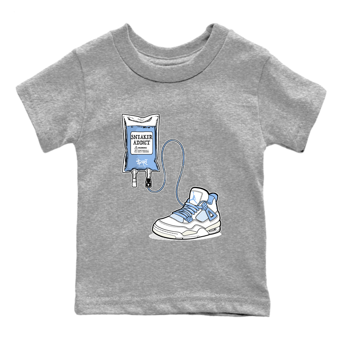 Sneaker Therapy baby and kids t-shirt crafted for little sneakerheads to shine with the Air Jordan 4 Aluminum sneakers, displayed in Heather Grey 2.