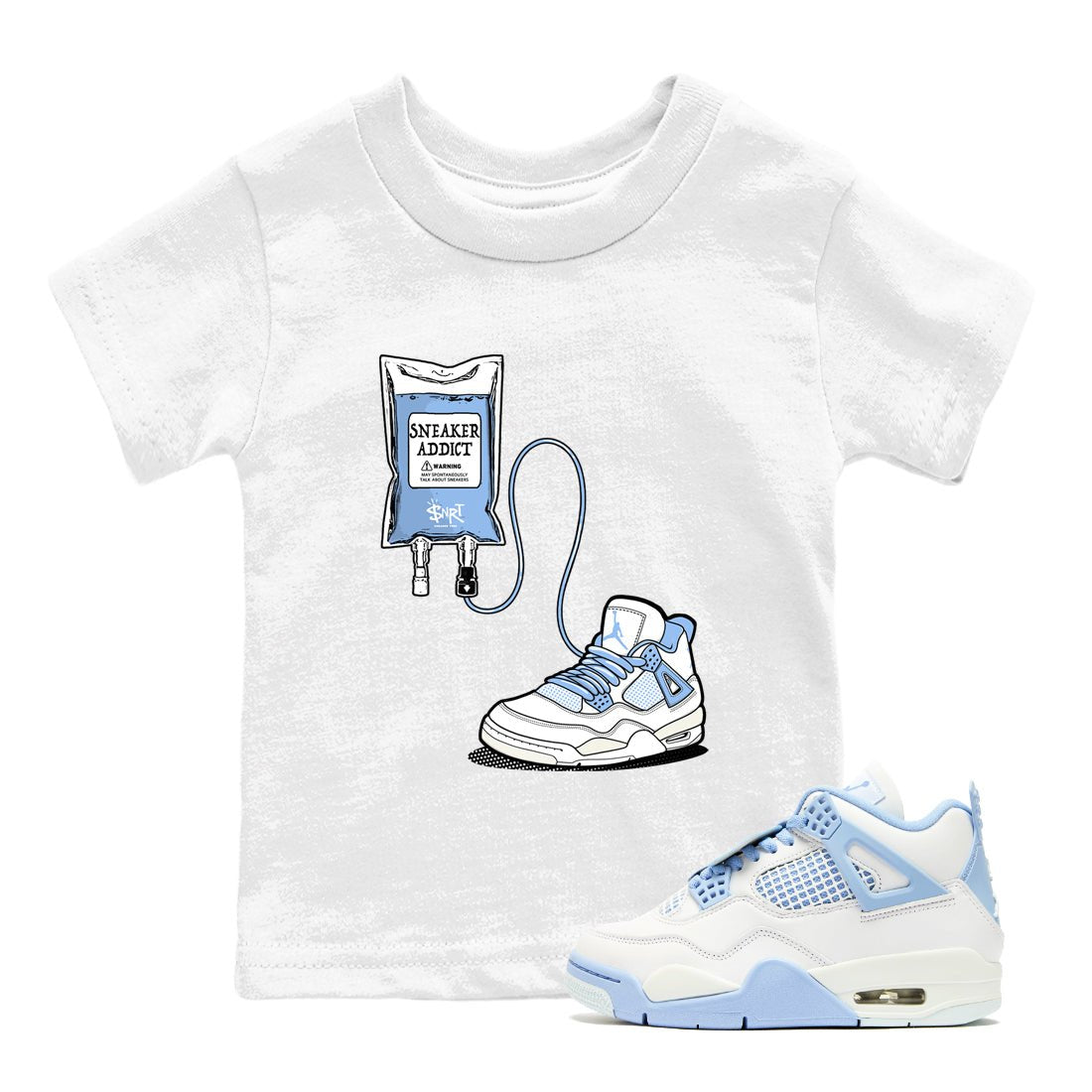 Sneaker Therapy baby and kids t-shirt crafted for little sneakerheads to shine with the Air Jordan 4 Aluminum sneakers, displayed in White 1.