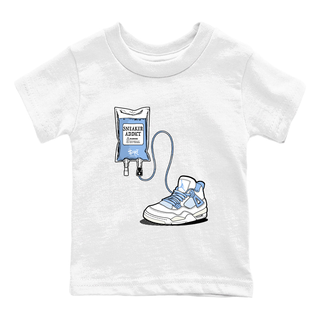 Sneaker Therapy baby and kids t-shirt crafted for little sneakerheads to shine with the Air Jordan 4 Aluminum sneakers, displayed in White 2.