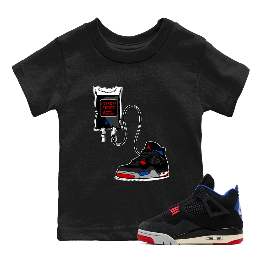 Sneaker Therapy baby and kids t-shirt crafted for little sneakerheads to shine with the Air Jordan 4 Rare Air sneakers, displayed in Black 1.