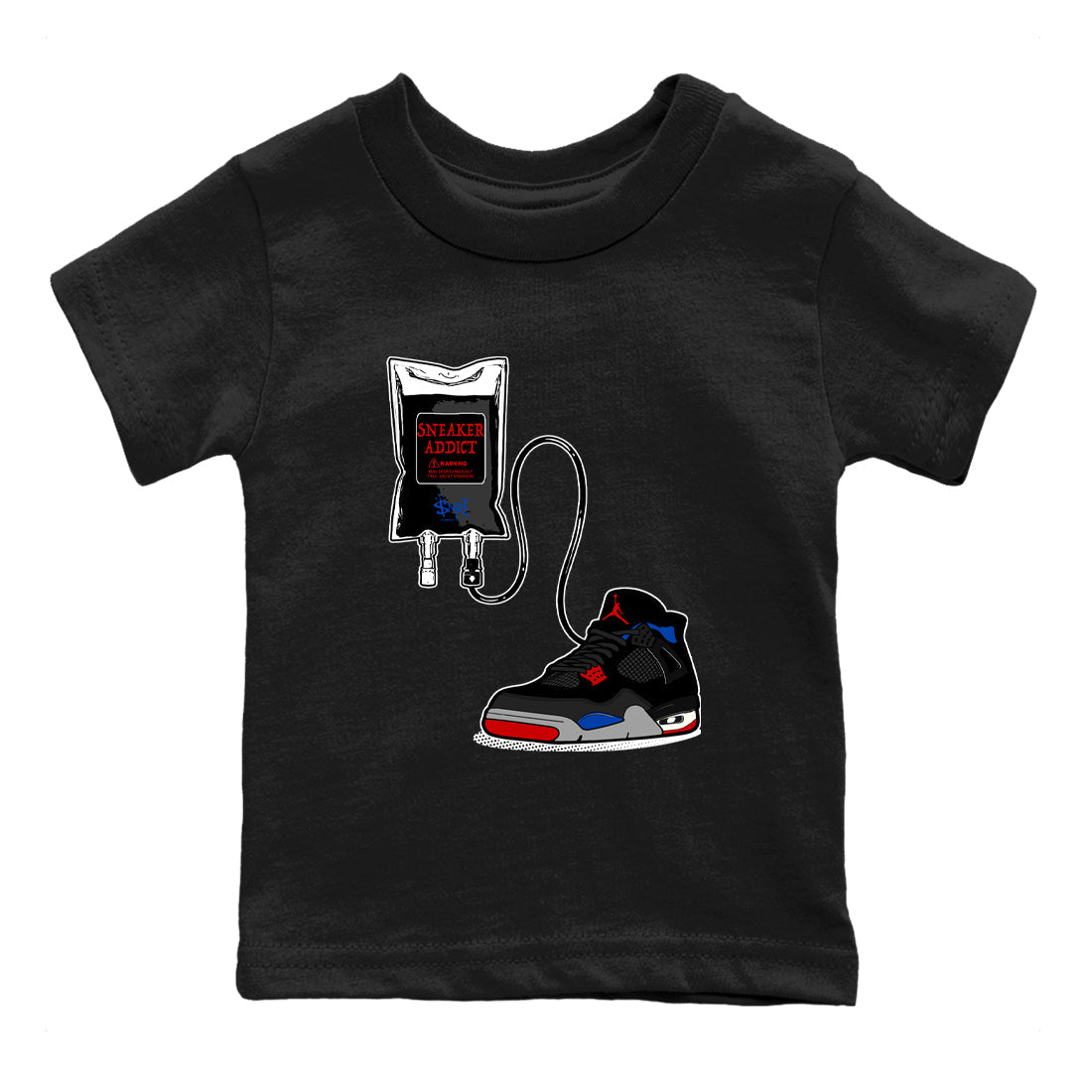 Sneaker Therapy baby and kids t-shirt crafted for little sneakerheads to shine with the Air Jordan 4 Rare Air sneakers, displayed in Black 2.