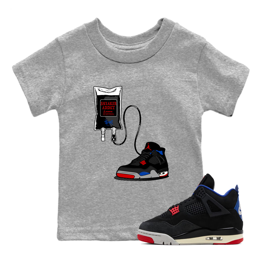 Sneaker Therapy baby and kids t-shirt crafted for little sneakerheads to shine with the Air Jordan 4 Rare Air sneakers, displayed in Heather Grey 1.
