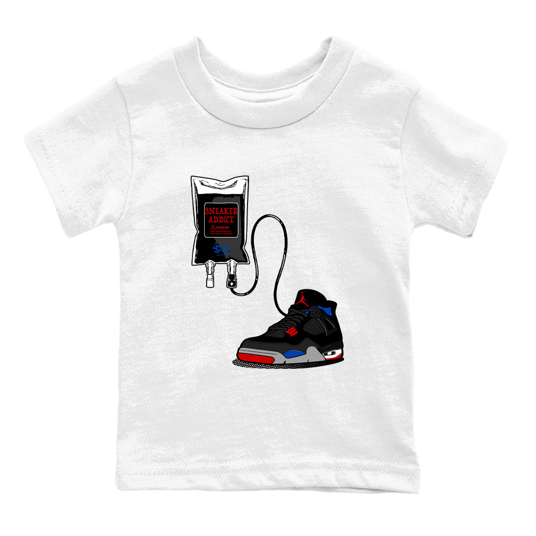 Sneaker Therapy baby and kids t-shirt crafted for little sneakerheads to shine with the Air Jordan 4 Rare Air sneakers, displayed in White 2.