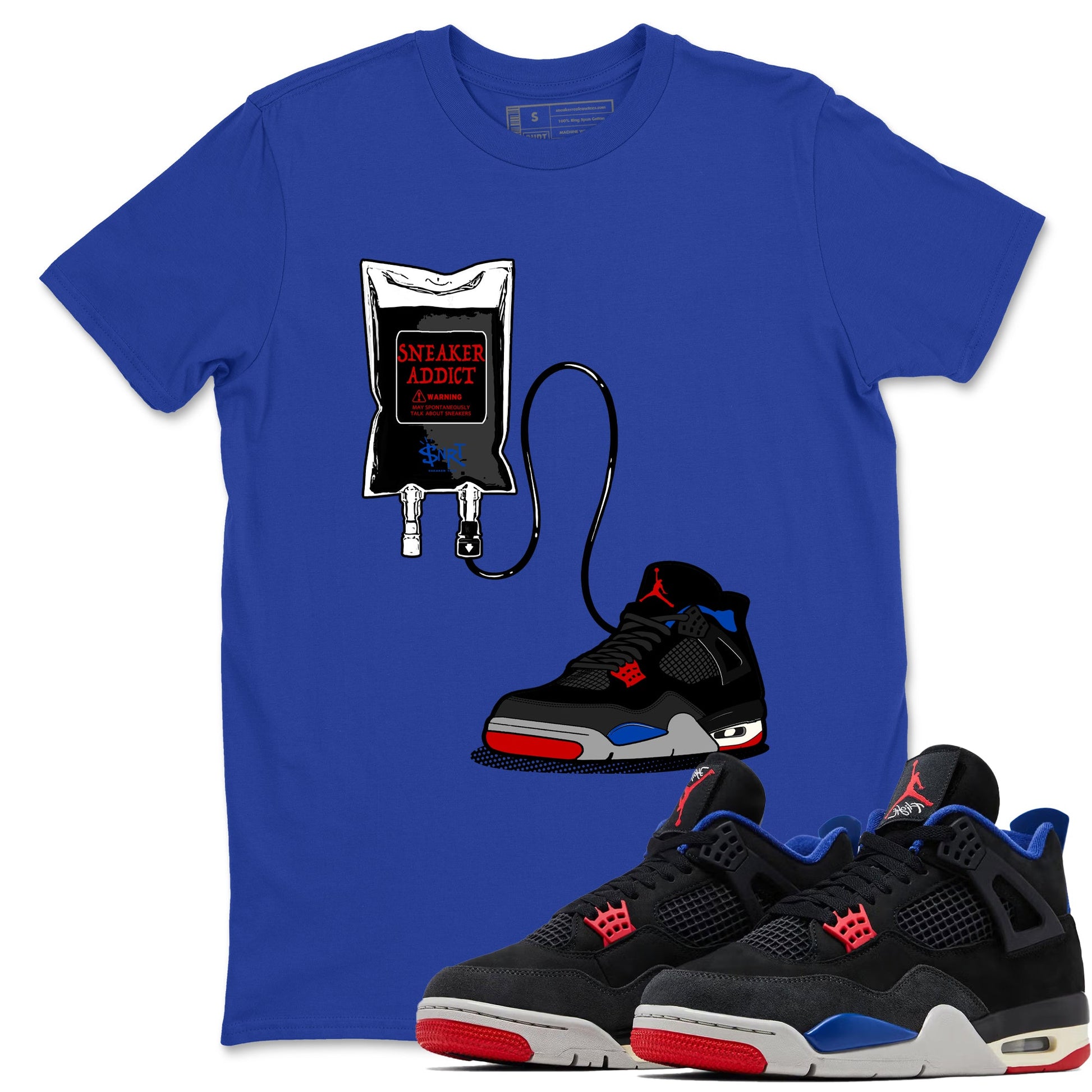 Sneaker Therapy sneaker match t-shirt styled to complete your fit with the Air Jordan 4 Rare Air sneakers, shown in Royal Blue 1.