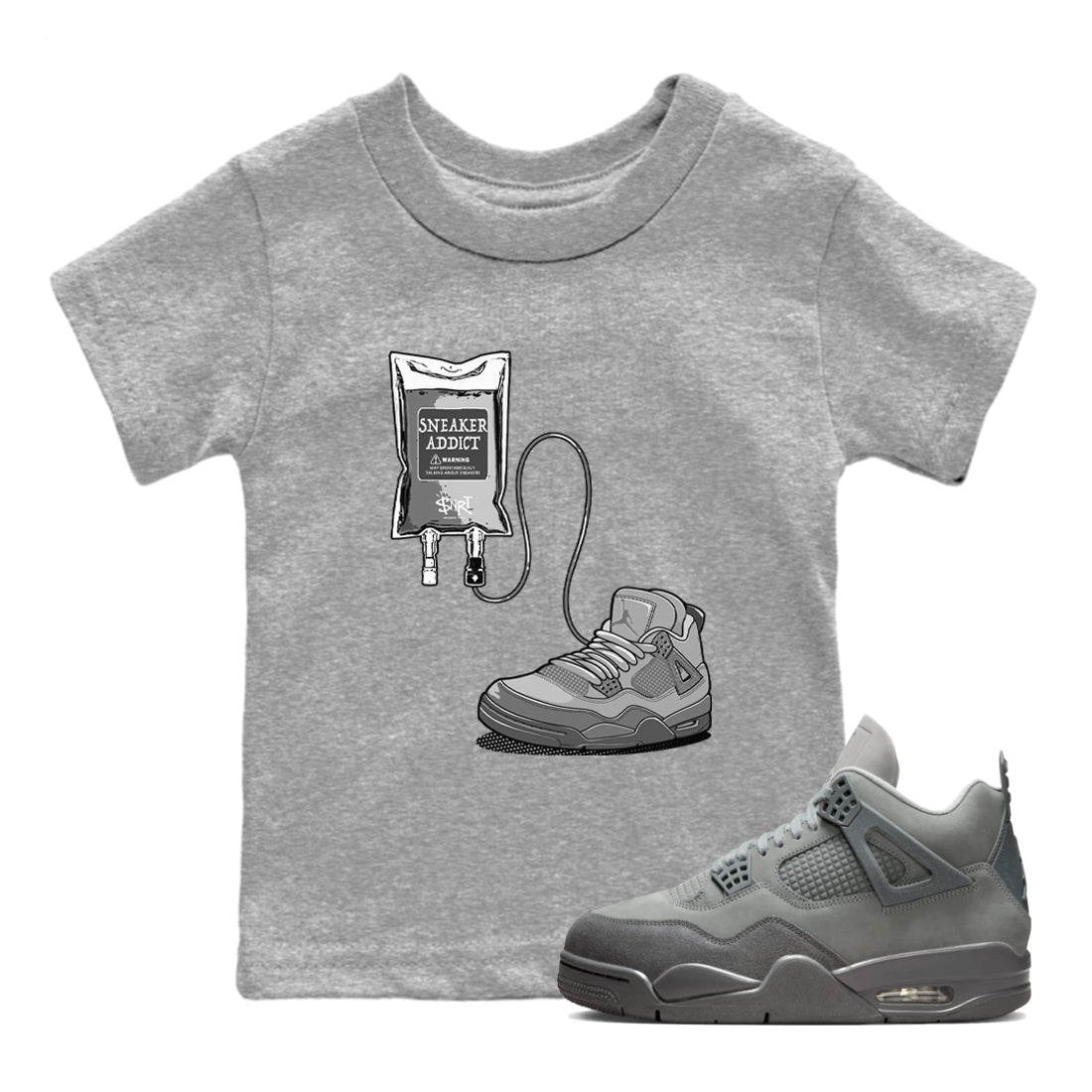 4s Wet Cement shirts to match jordans Sneaker Therapy sneaker match tees Air Jordan 4 Wet Cement SNRT Sneaker Release Tees Youth Baby Heather Grey 1 crew neck shirts