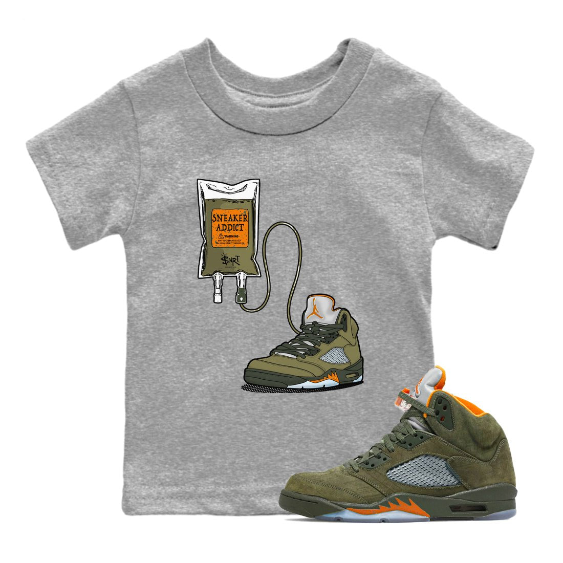 5s Olive shirts to match jordans Sneaker Therapy sneaker match tees Air Jordan 5 Olive match shoes to clothes SNRT Sneaker Tees Youth Baby Heather Grey 1 tee
