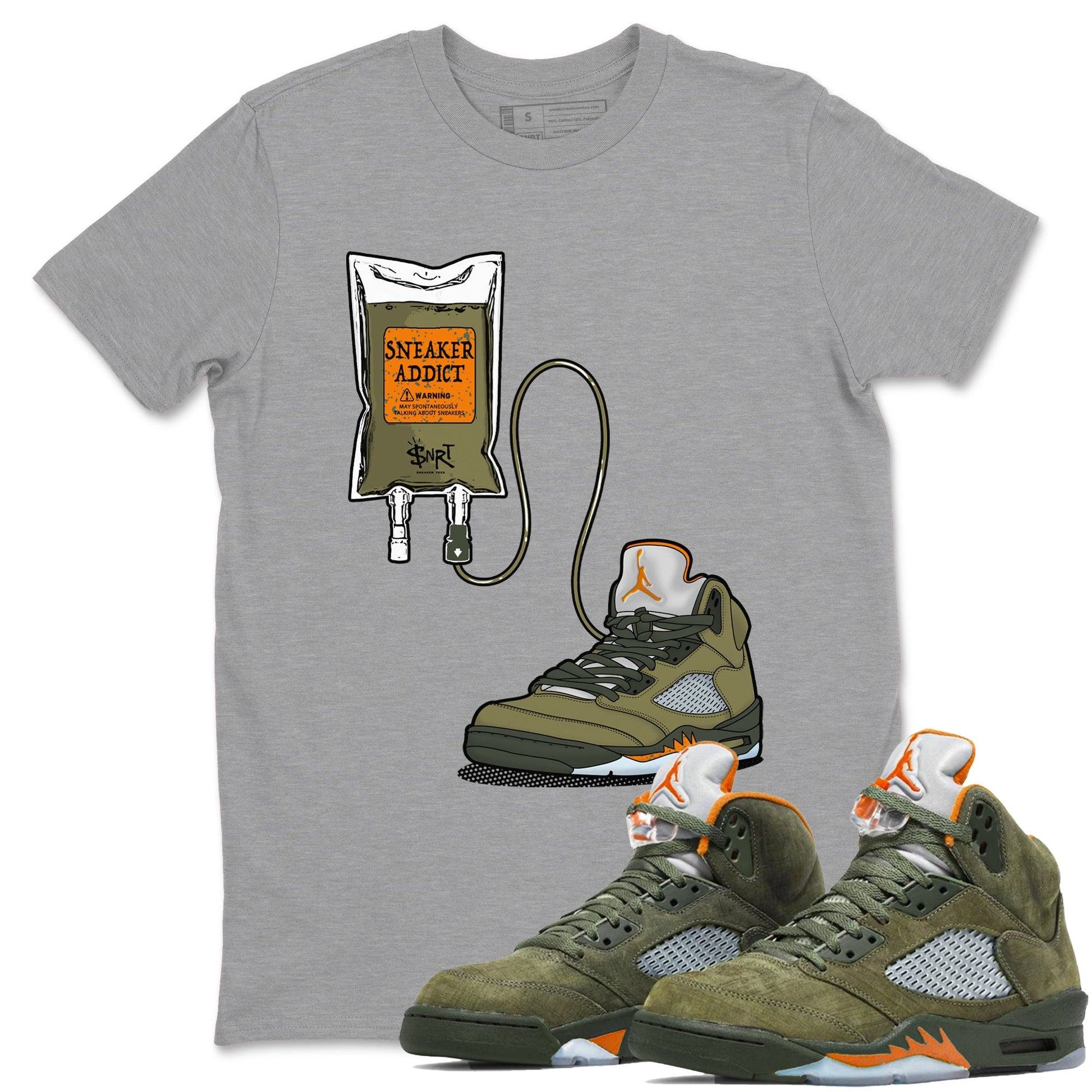 5s Olive shirts to match jordans Sneaker Therapy sneaker match tees Air Jordan 5 Olive match shoes to clothes SNRT Sneaker Tees unisex cotton Heather Grey 1 shirts
