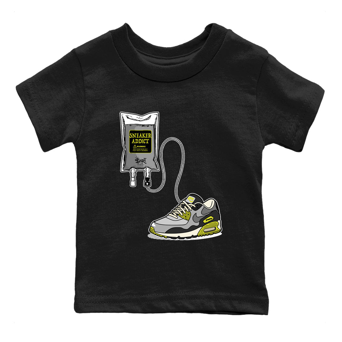 Sneaker Therapy baby and kids t-shirt crafted for little sneakerheads to shine with the Air Max 90 Cyber sneakers, displayed in Black 2.