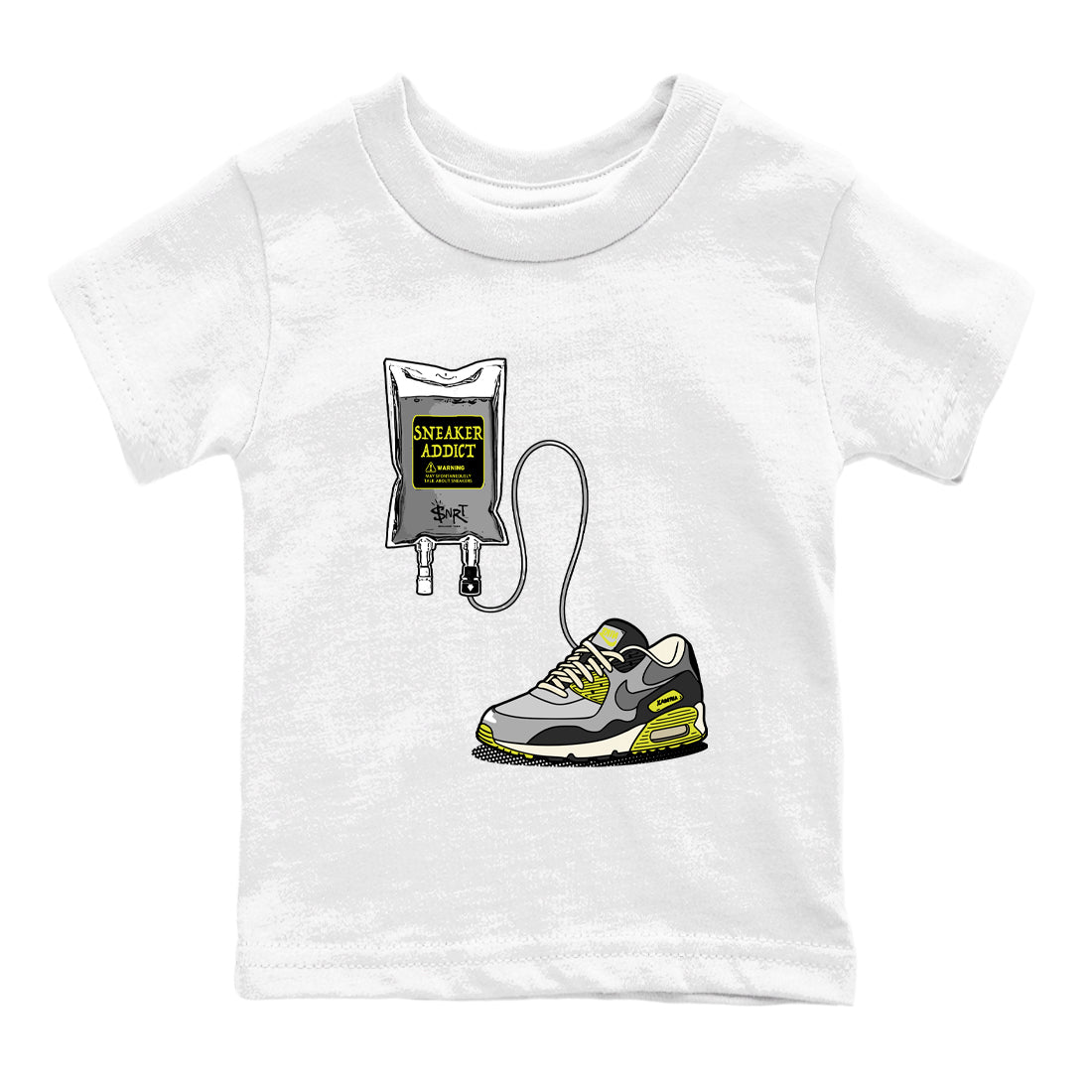 Sneaker Therapy baby and kids t-shirt crafted for little sneakerheads to shine with the Air Max 90 Cyber sneakers, displayed in White 2.