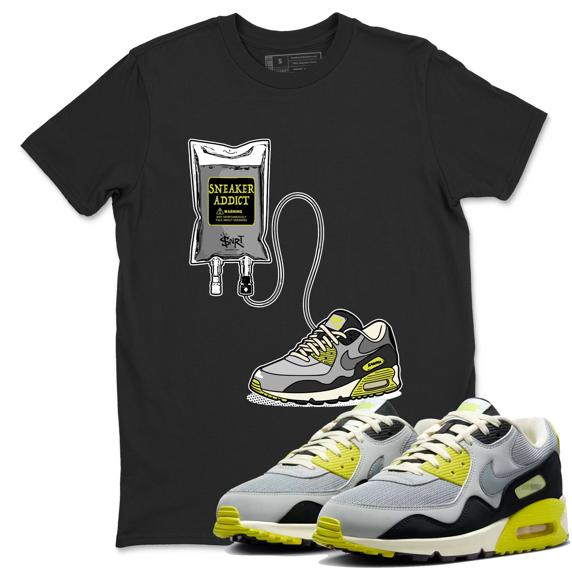 Sneaker Therapy sneaker match t-shirt styled to complete your fit with the Air Max 90 Cyber sneakers, shown in Black 1.