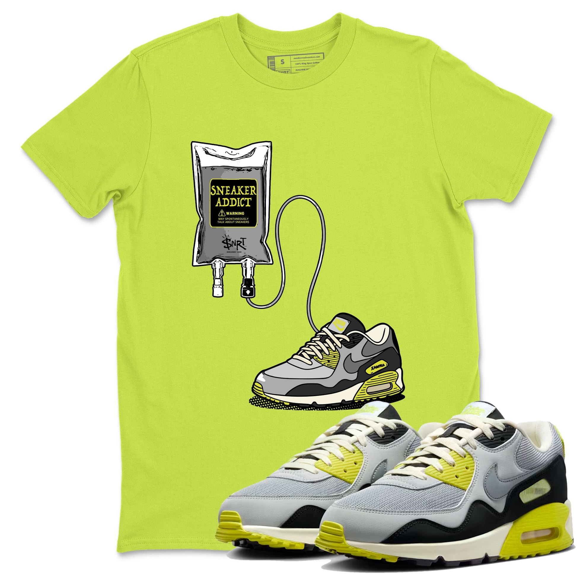 Sneaker Therapy sneaker match t-shirt styled to complete your fit with the Air Max 90 Cyber sneakers, shown in Safety Green 1.