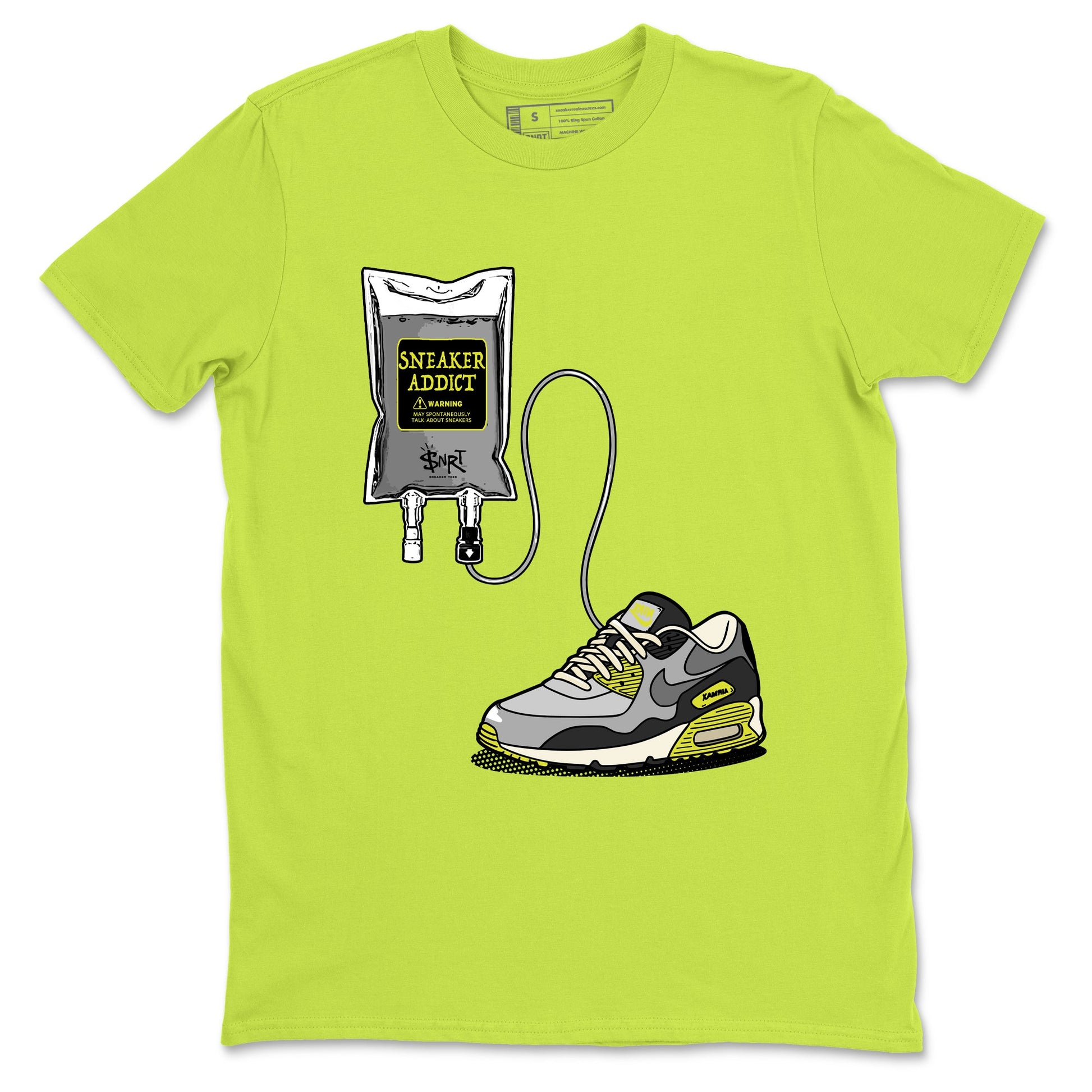 Sneaker Therapy sneaker match t-shirt styled to complete your fit with the Air Max 90 Cyber sneakers, shown in Safety Green 2.