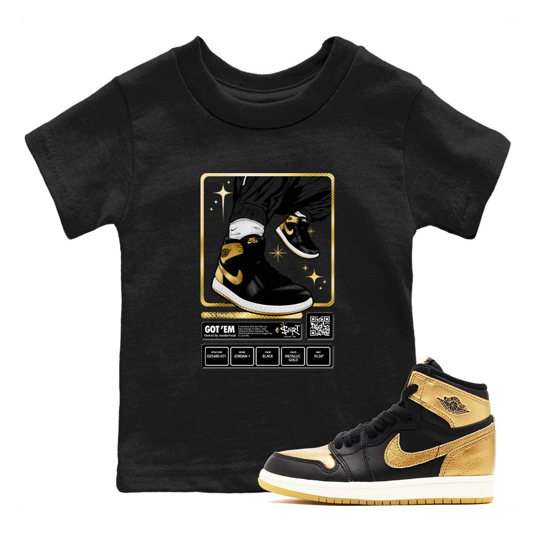 Air Jordan 1 High OG Black Metallic Gold shirts to match jordans Sneaker Trading Card sneaker match tees Air Jordan 1 Retrp Black Metallic Gold Sneaker Shirts SNRT Sneaker Tees streetwear brand Baby and Youth Black 1 cotton tee