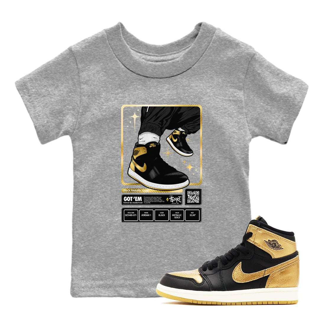 Air Jordan 1 High OG Black Metallic Gold shirts to match jordans Sneaker Trading Card sneaker match tees Air Jordan 1 Retrp Black Metallic Gold Sneaker Shirts SNRT Sneaker Tees streetwear brand Baby and Youth Heather Grey 1 cotton tee