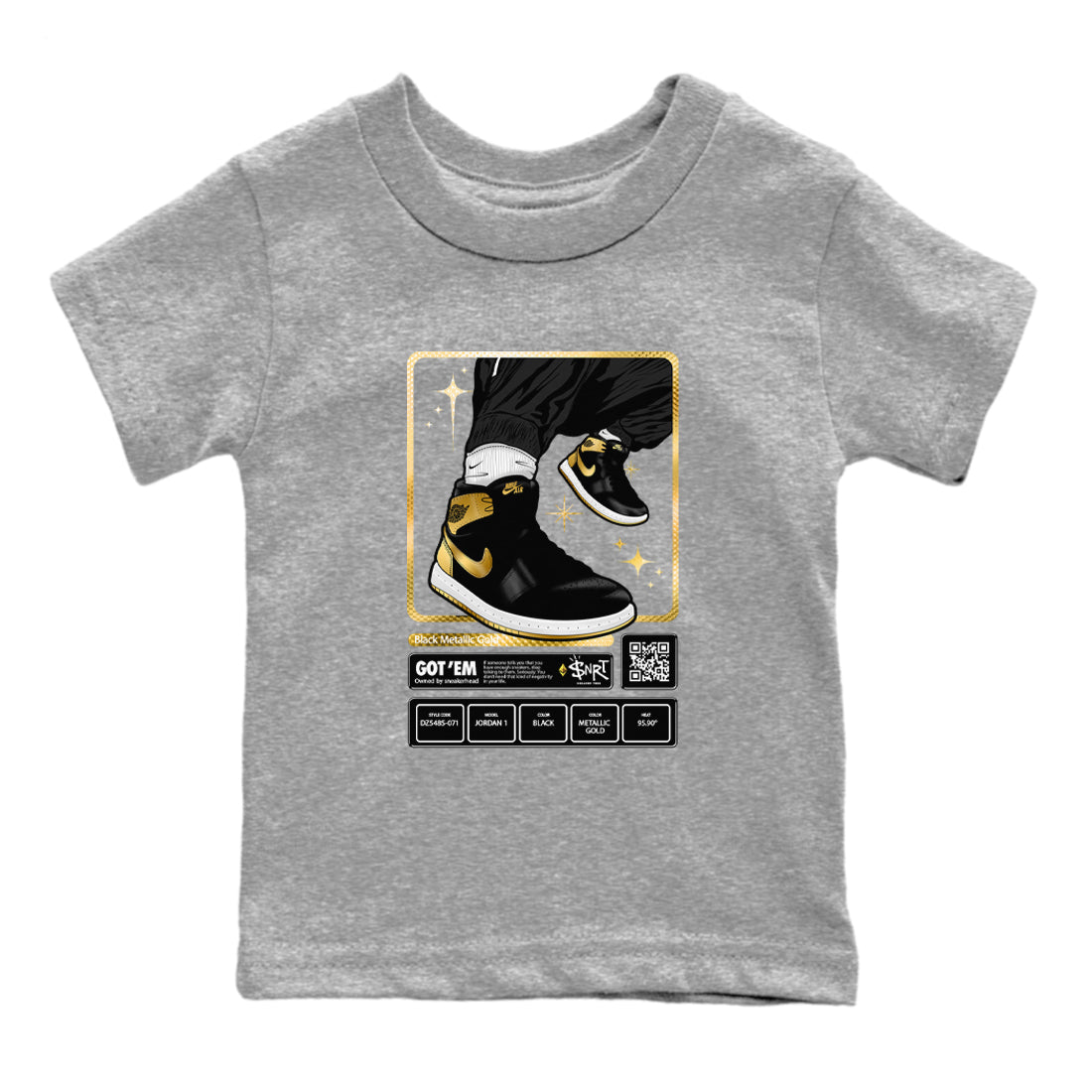 Air Jordan 1 High OG Black Metallic Gold shirts to match jordans Sneaker Trading Card sneaker match tees Air Jordan 1 Retrp Black Metallic Gold Sneaker Shirts SNRT Sneaker Tees streetwear brand Baby and Youth Heather Grey 2 cotton tee
